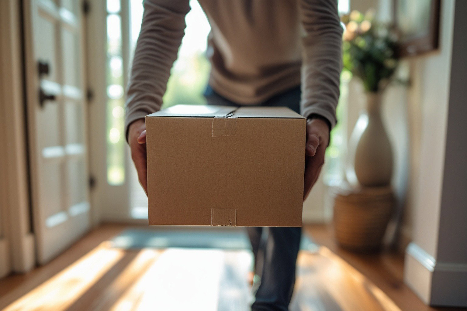 Person carrying a plain, unmarked package into a home entryway